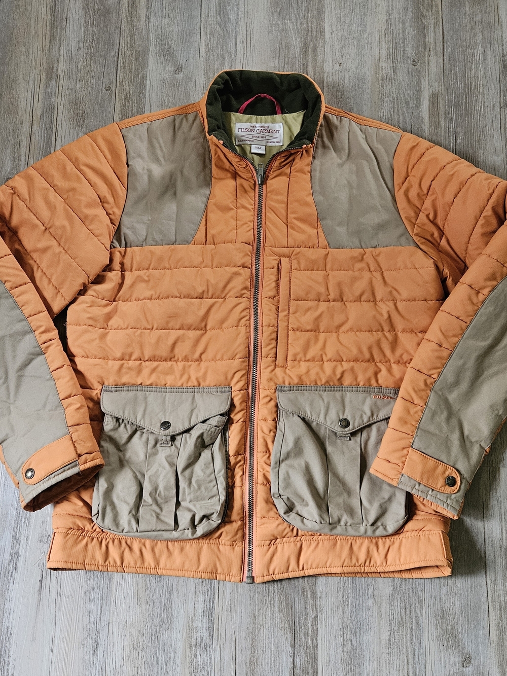 Vintage Filson Men's Orange and Tan Field Hunting Puffer Stryker Jacket Large